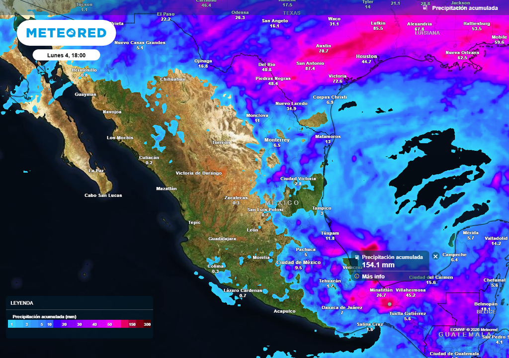 Nuevo frente frío favorecerá chubascos y tormentas en el norte, noreste, centro, oriente y sureste con 20-50 mm y algunas mayores a 75 mm con granizadas.