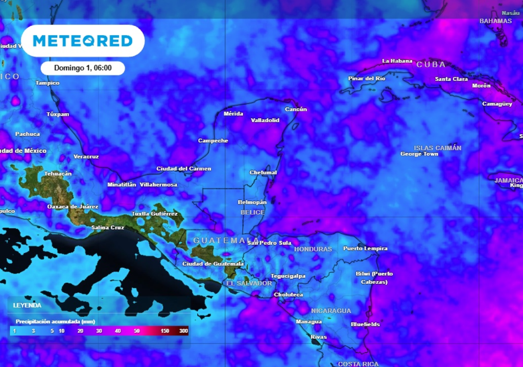 Pronóstico de lluvia acumulada para las próximas 96 horas en la Península de Yucatán.