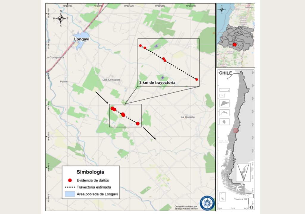 La DMC identificó una trayectoria aproximada de 3 km para el tornado que afectó sectores rurales de Longaví durante la tarde del 20 de septiembre de 2026. Crédito: DMC.