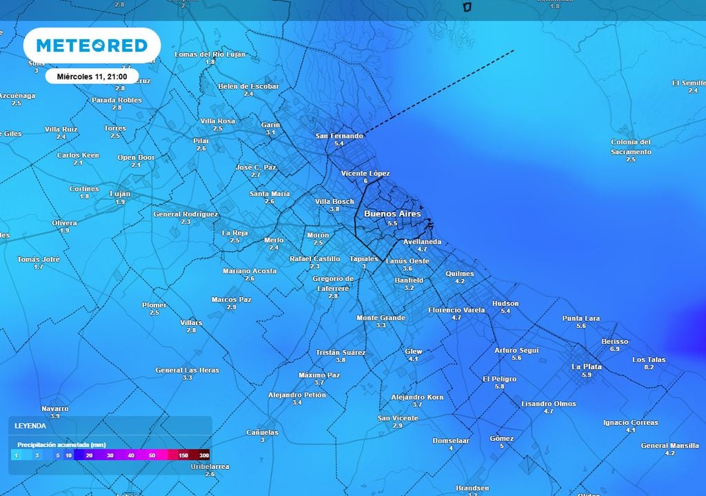 Pronóstico de precipitación acumulada hasta la noche del miércoles 11. La totalidad de ellas, se registrarán hasta este domingo 8