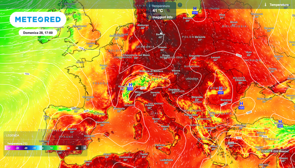 L'Europa è invasa da aria tropicale continentale, l'ondata di caldo secondo ECMWF arriverà fino al nord Europa, con valori assurdi sulla Germania, fra cui 40-42°C a Berlino.