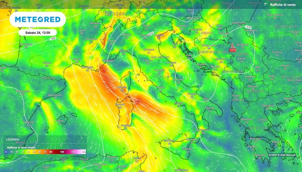 Giornata ventosa domani sabato 24 ottobre 2026 sull'Italia secondo ECMWF