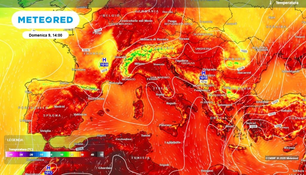 È evidenziato nella mappa. Per le ore pomeridiane di domenica, le temperature rimarranno molte elevate su tutta la penisola e proprio domenica si assisterà ad un lieve calo al Nord e lungo il versante adriatico, con un calo che sarà quasi trascurabile. ECMWF- MeteoRed