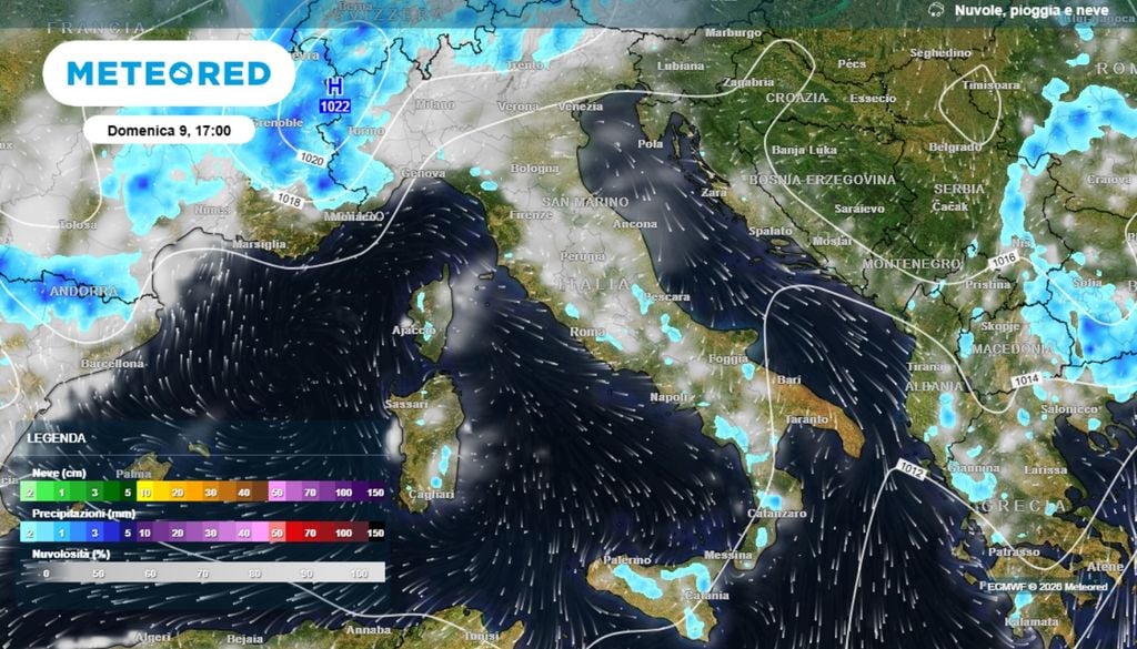 Alta pressione di nuovo e rinforzo per domenica con attività temporalesca diurna limitata rispetto alle giornate precedenti, relegata principalmente ai settori alpini orientali e ai rilievi più interni dell'Appennino centrale nelle ore più calde del pomeriggio. ECMWF-MeteoRed
