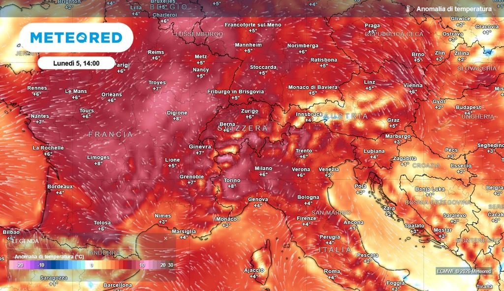 Le anomalie termiche di temperatura previste martedì 6 ottobre tra Francia e nord Italia: i valori saranno molto superiori alla norma.