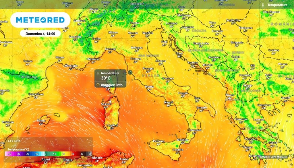 Le temperature previste in Italia domenica 4 ottobre nell'ora di punta, intorno alle 14.