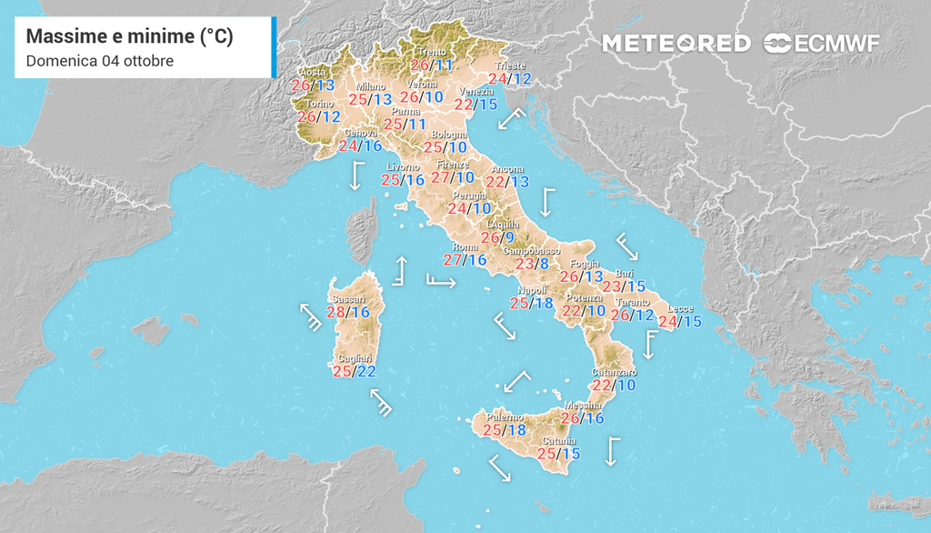 Le temperature massime e minime previste nelle principali località italiane domenica 4 ottobre 2026.