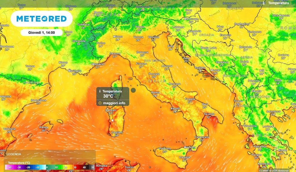 Temperature massime Temperature massime previste per la giornata di giovedì prossimo.