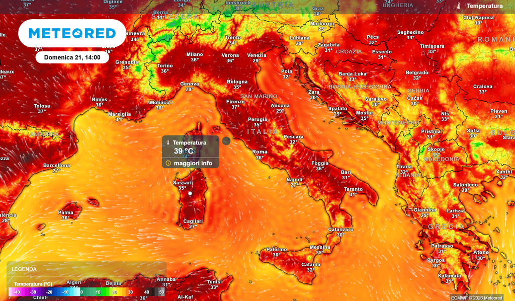 Temperature massime previste in Italia per la giornata di domenica.