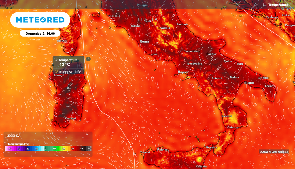 Domenica 2 agosto, temperature molto elevate in Italia. Picchi di 42°C in Sardegna.