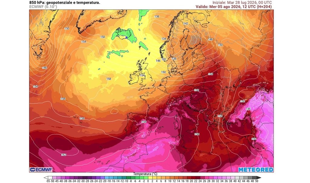 A inizio agosto 2026 l'ondata di calore potrebbe intensificarsi ulteriormente sull'Italia. Fonte: Modello ECMWF.