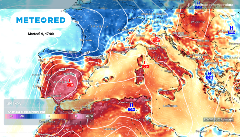 Fino a 8&deg;C di anomalia termica in Italia: il modello europeo colora di rosso la seconda settimana di giugno