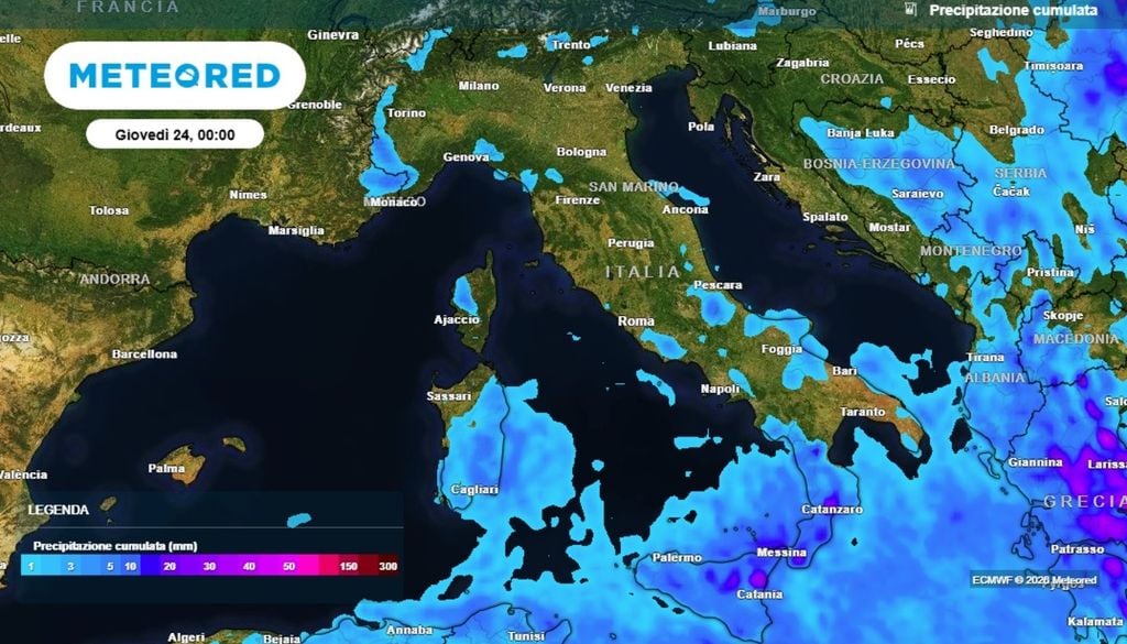 Nella grafica possiamo vedere le precipitazioni accumulate fino a tutto mercoledì, che interesseranno principalmente solo localmente le regioni meridionali. ECMWF MeteoRed