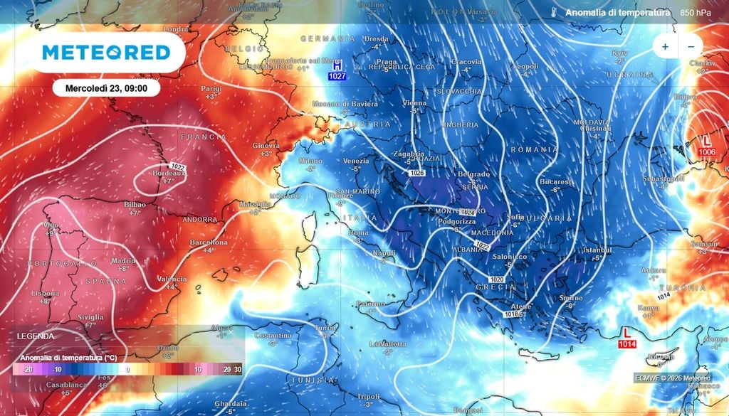 Le anomalie di temperature a 850 hPa in Italia ed Europa mercoledì 23 settembre.