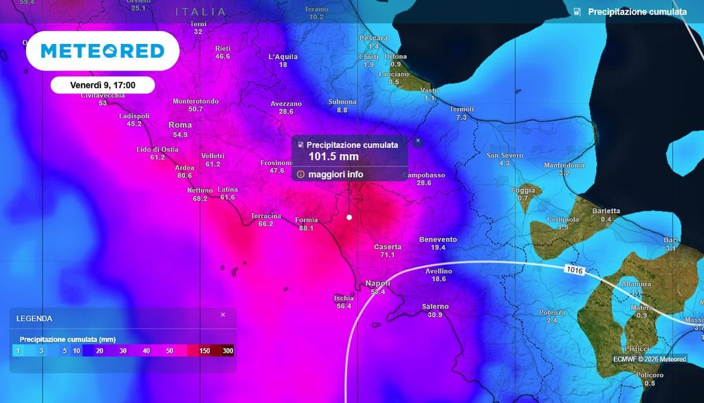 Le piogge potranno scaricare in poche ore fino a 100 mm sulla Campania settentrinale.