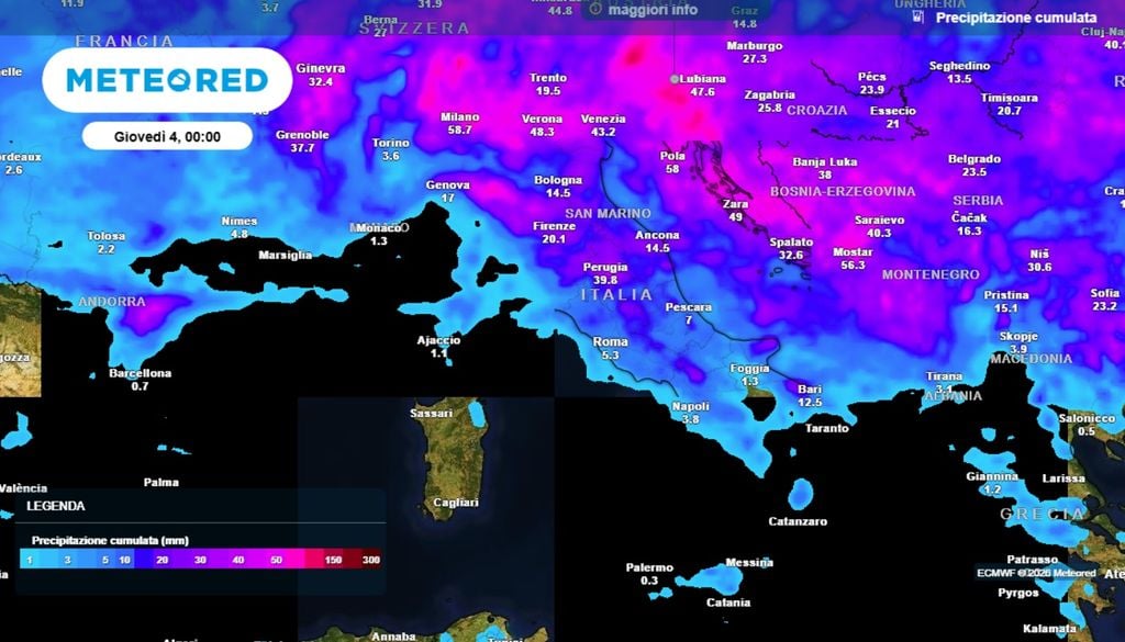 Accumuli di pioggia previsti entro mercoledì sera sull'Italia. Instabilità e i rovesci, nonché temporali, interesseranno prevalentemente le regioni centro-settentrionali in questa prima parte di settimana.