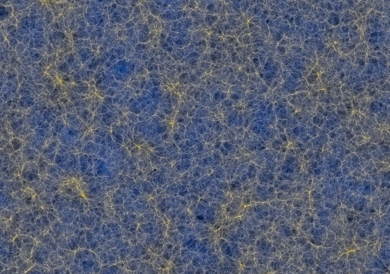 Una proyección a través de una sección de 40 Mpc de espesor. El brillo de la imagen de fondo indica la densidad superficial de la materia oscura, mientras que el color representa la densidad superficial de neutrinos masivos. Imagen: Schaye et al. 2023, de la Figura 1.