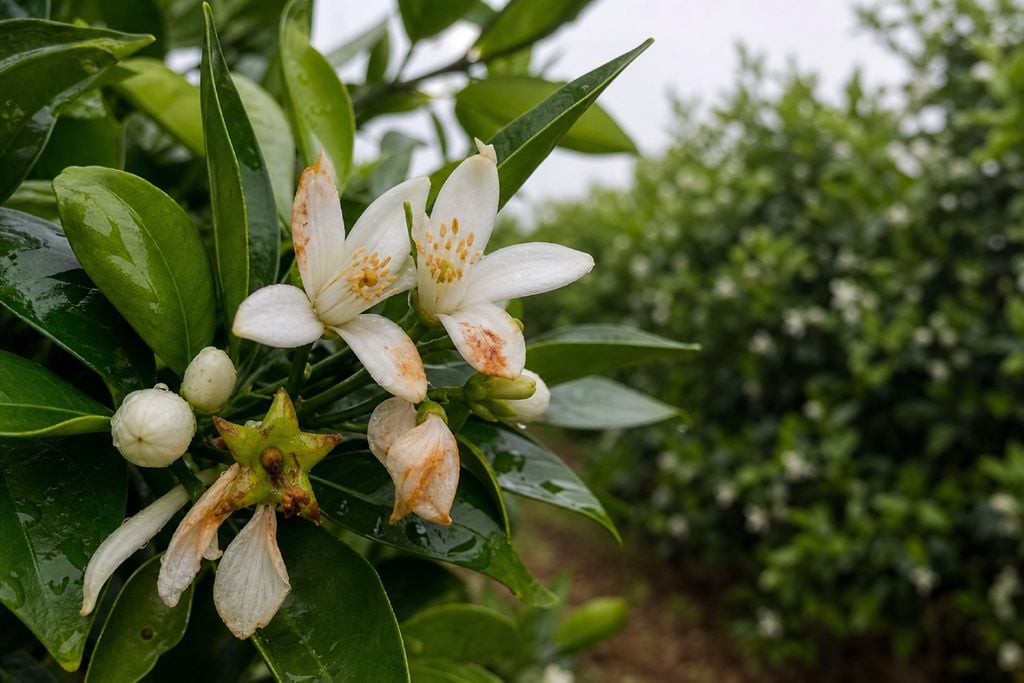 estrelinha, citros, SP Flores de citros com sintomas de podridão floral, doença conhecida como estrelinha, após um período de elevada umidade.