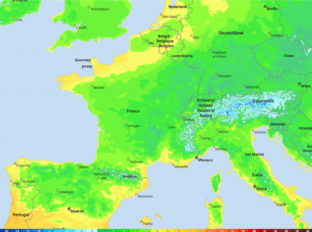 Températures prévues lundi matin avec un risque de gel dans le centre-est (carte tameteo). Températures prévues lundi matin avec un risque de gel dans le centre-est (carte tameteo).