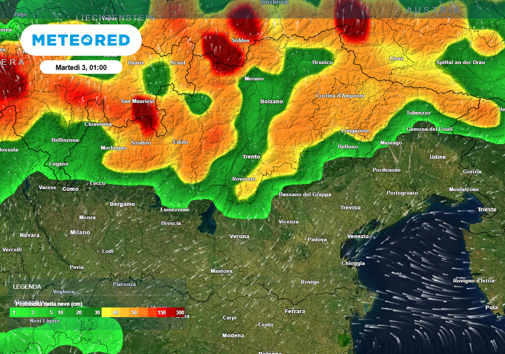 Spessore neve (da accumulo naturale) stimato per Martedì 3 Gennaio sulle Alpi centrali e orientali.