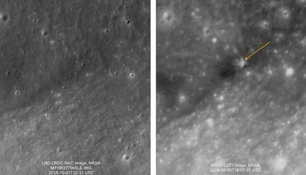 A agência espacial sul-coreana KASA divulgou imagens da região obtidas pela sonda lunar Danuri após a colisão. Crédito: KASA A agência espacial sul-coreana KASA divulgou imagens da região obtidas pela sonda lunar Danuri após a colisão. Crédito: KASA