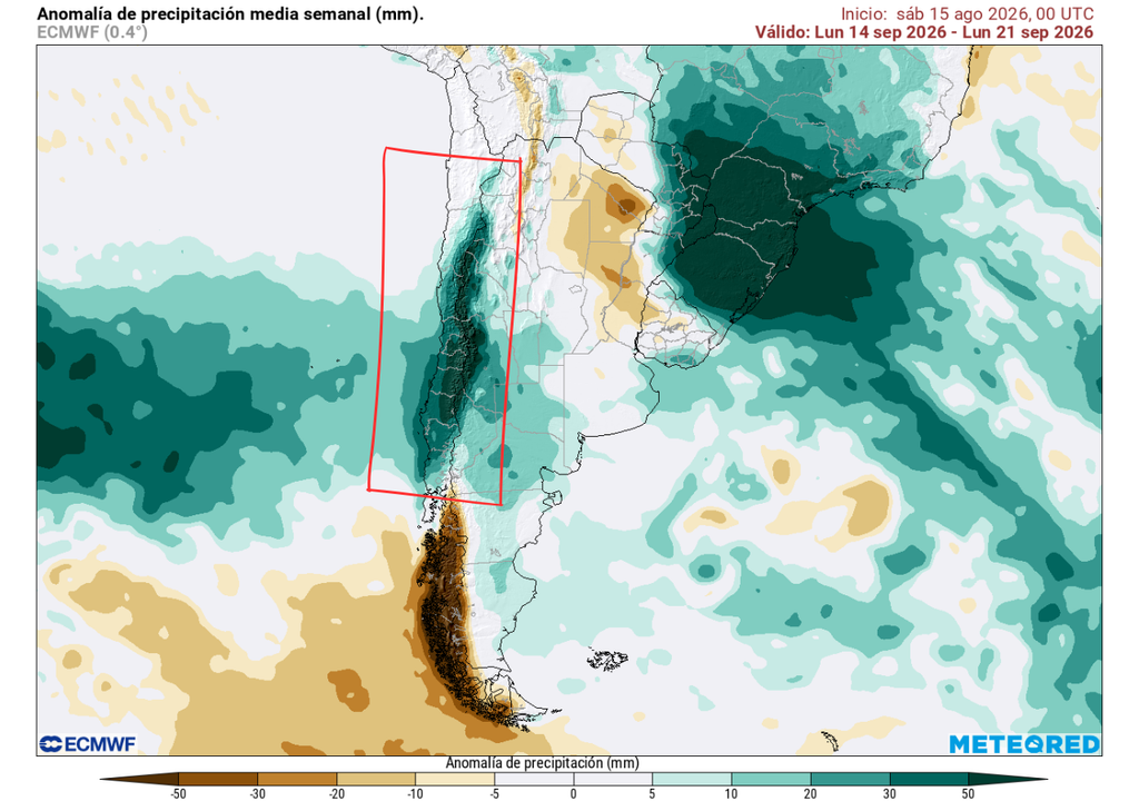 Meteored pronotica lluvias para las Fiestas Patrias en Chile Anomalía de precipitación (mm) para la semana del 14 de septiembre 2026 en Chile. Sobre los valores climatológicos normales (tonos verde), bajo los valores climatológicos normales (tonos marrón) y en torno a los valores climatológicos normales (color blanco).