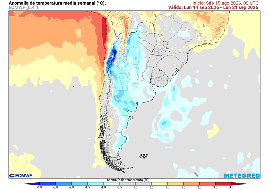 Meteored pronostica abundante lluvia para las Fiestas Patrias en Chile Anomalía de temperatura (°C) para la semana del 14 de septiembre 2026 en Chile. Sobre los valores climatológicos normales (tonos rojo), bajo los valores climatológicos normales (tonos azul) y en torno a los valores climatológicos normales (color gris).