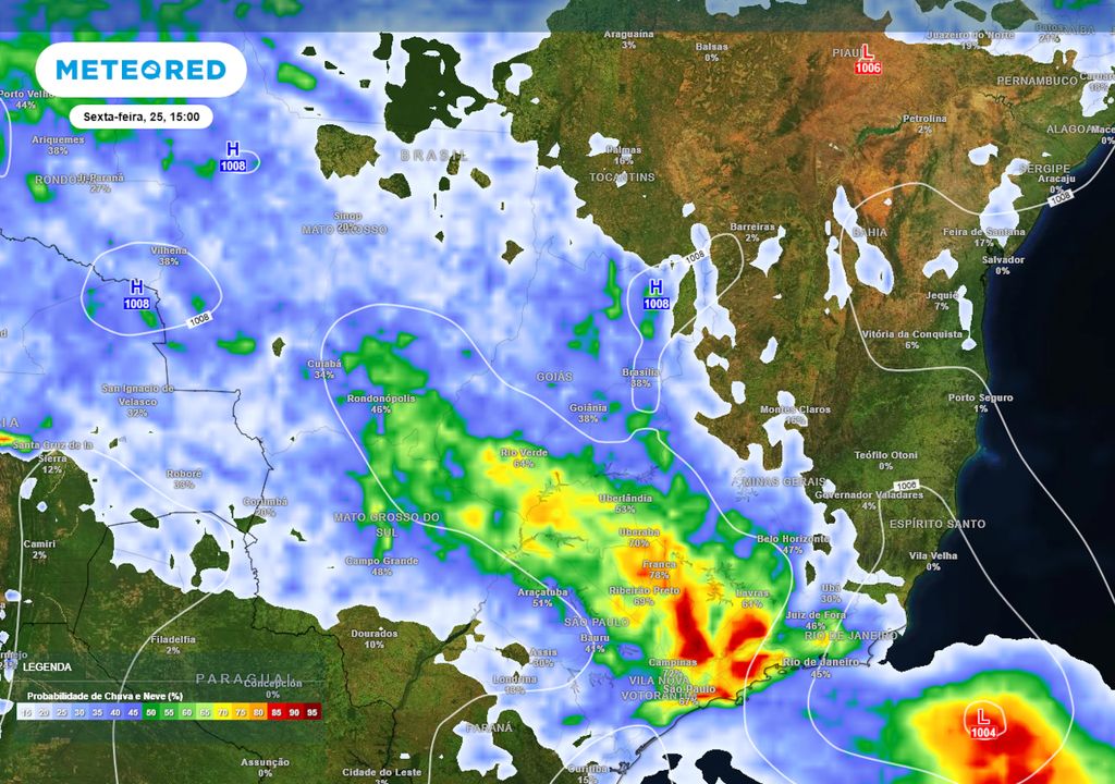 Previsão de probabilidade de chuva na sexta-feira durante a tarde. Previsão de probabilidade de chuva na sexta-feira durante a tarde.