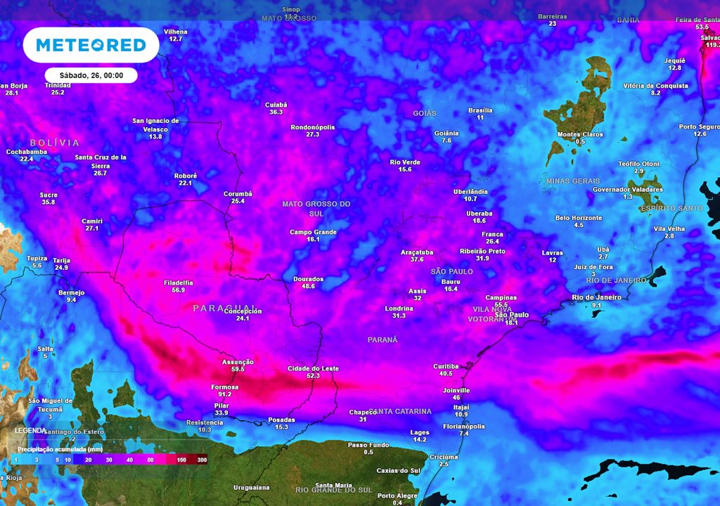 Previsão de acumulados totais de chuva até o final da sexta-feira. Previsão de acumulados totais de chuva até o final da sexta-feira.