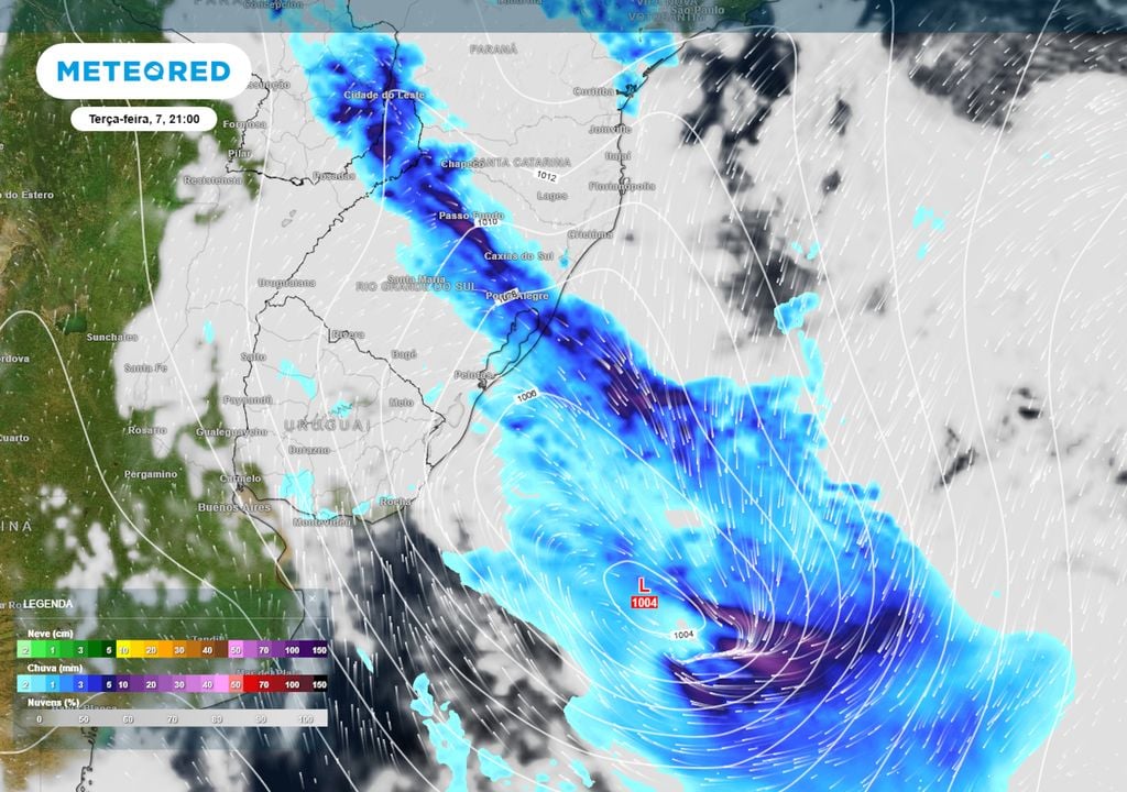 Previsão de ventos, pressão, nebulosidade e chuva na terça-feira mostra a formação do ciclone e sua frente fria associada atuando sobre o Rio Grande do Sul. O sistema traz tempestades severas.