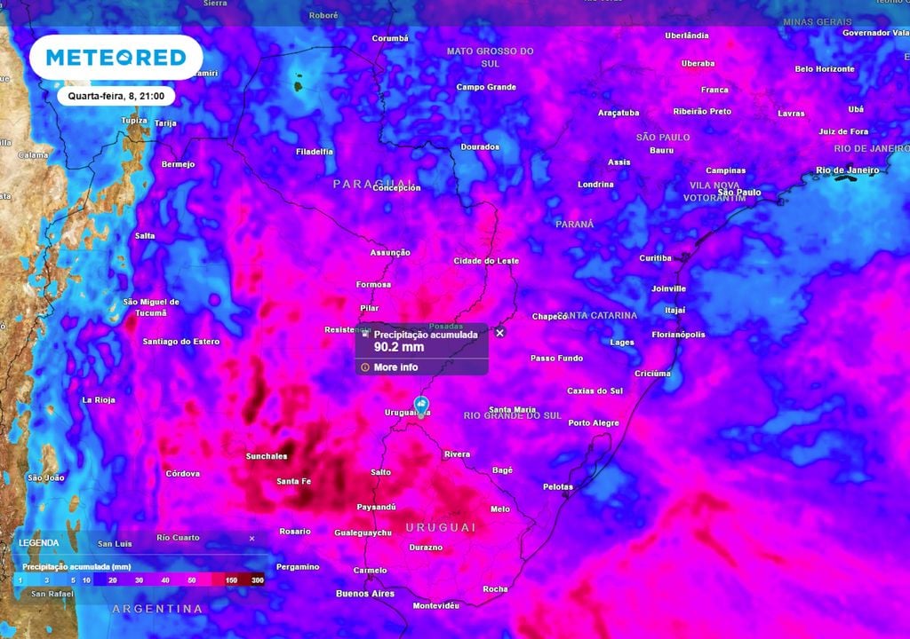Previsão de acumulados de chuva totais até o final da quarta-feira mostra regiões que serão mais afetadas pelas chuvas ao longo dos próximos dias, com acumulados de até 100 mm.