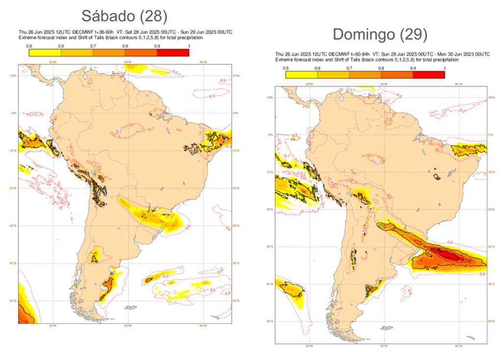 EFI dispara alerta de chuvas incomuns a extremas entre o sábado (28, à esquerda) e, principalmente, o domingo (29, à direita).