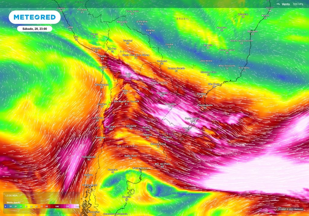 Previsão de cavado em níveis médios da atmosfera neste sábado (28), de acordo com o ECMWF.