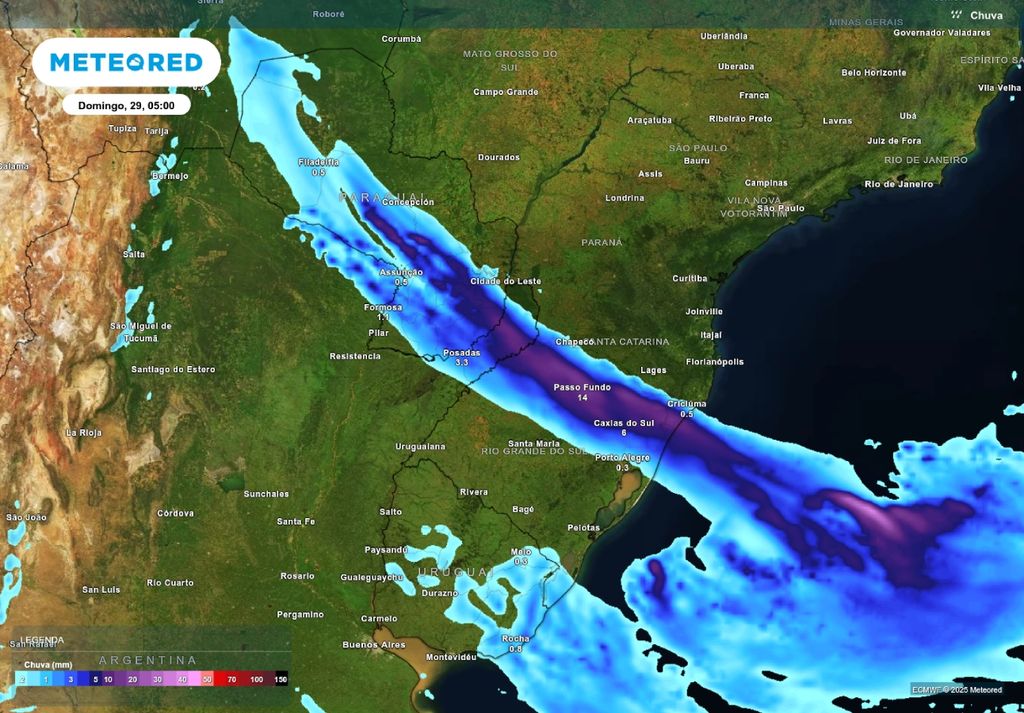 Previsão de chuva intensa na madrugada do domingo (29) sobre o Rio Grande do Sul, de acordo com o ECMWF.