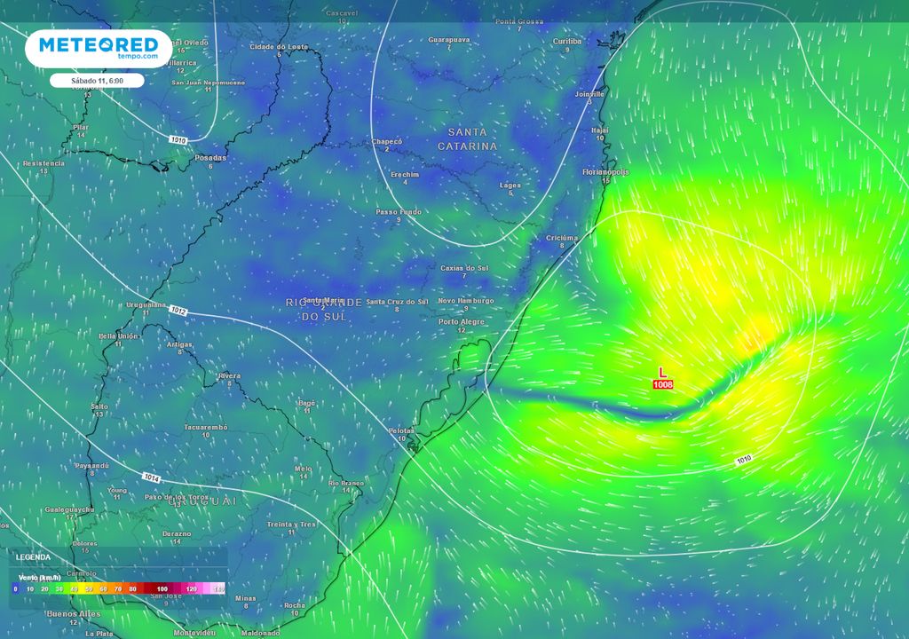 Previsão de intensidade dos ventos e pressão na manhã do sábado (11).