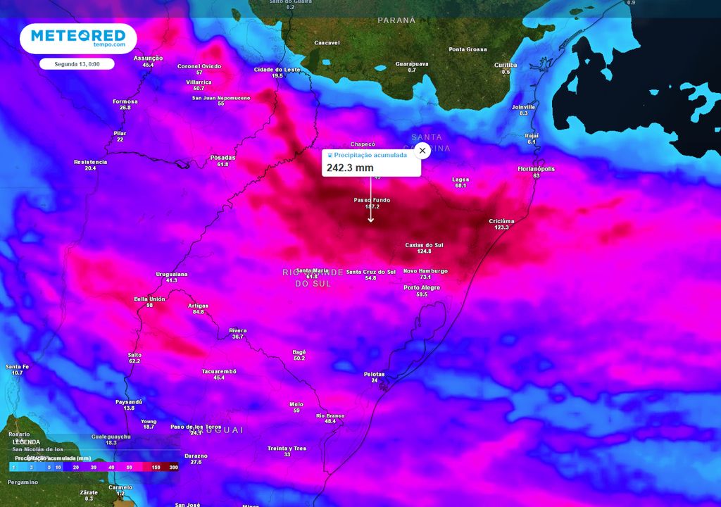 Previsão de acumulados totais de chuva até o final do domingo (12).