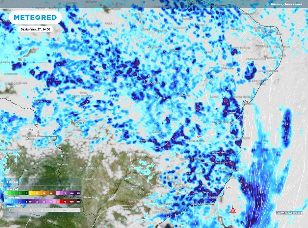 Previsão de precipitação (em mm) para a sexta-feira (27) à tarde (14h), segundo o modelo europeu ECMWF.