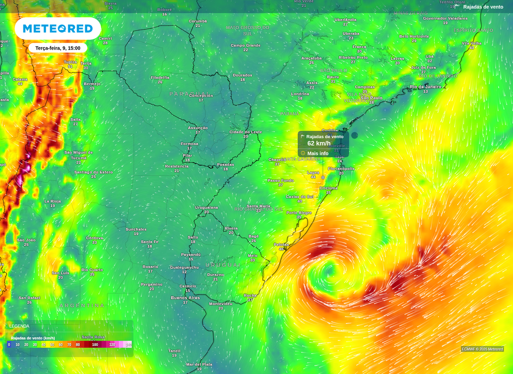 Ventos serão mais intensos na terça-feira (9) com rajadas superiores aos 60 km/h na serra catarinense. No Paraná os ventos superam 50 km/h na capital Curitiba/PR.