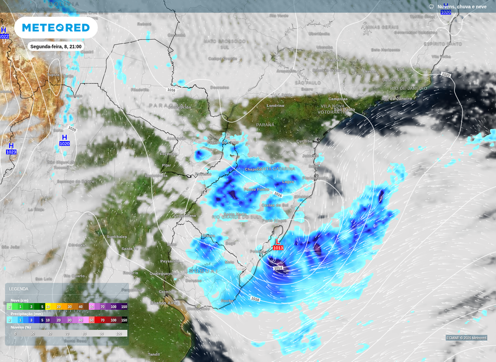 Ciclone extratropical se consolida na segunda-feira (8) e provoca chuvas fortes sobre o RS, SC e PR.