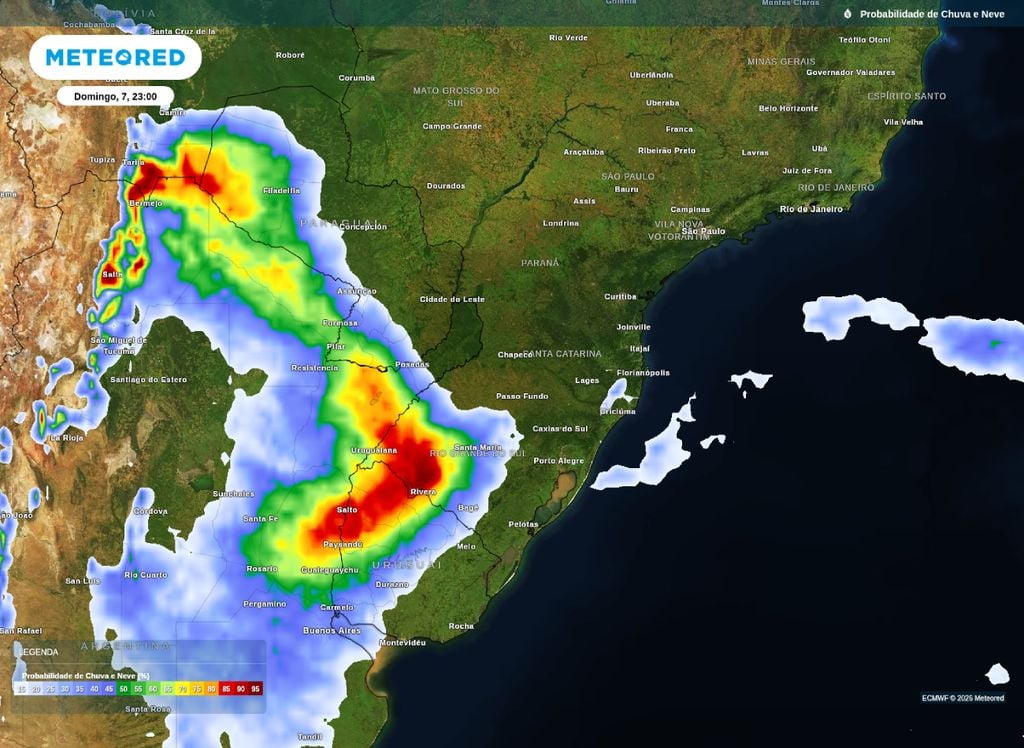 Chance de precipitação para a noite de domingo (7), de acordo com o modelo ECMWF..