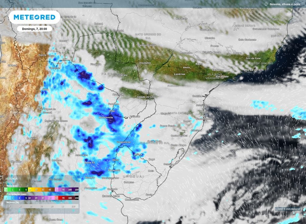 Precipitação e nebulosidade sobre a Região Sul do Brasil para a noite deste domingo (7).