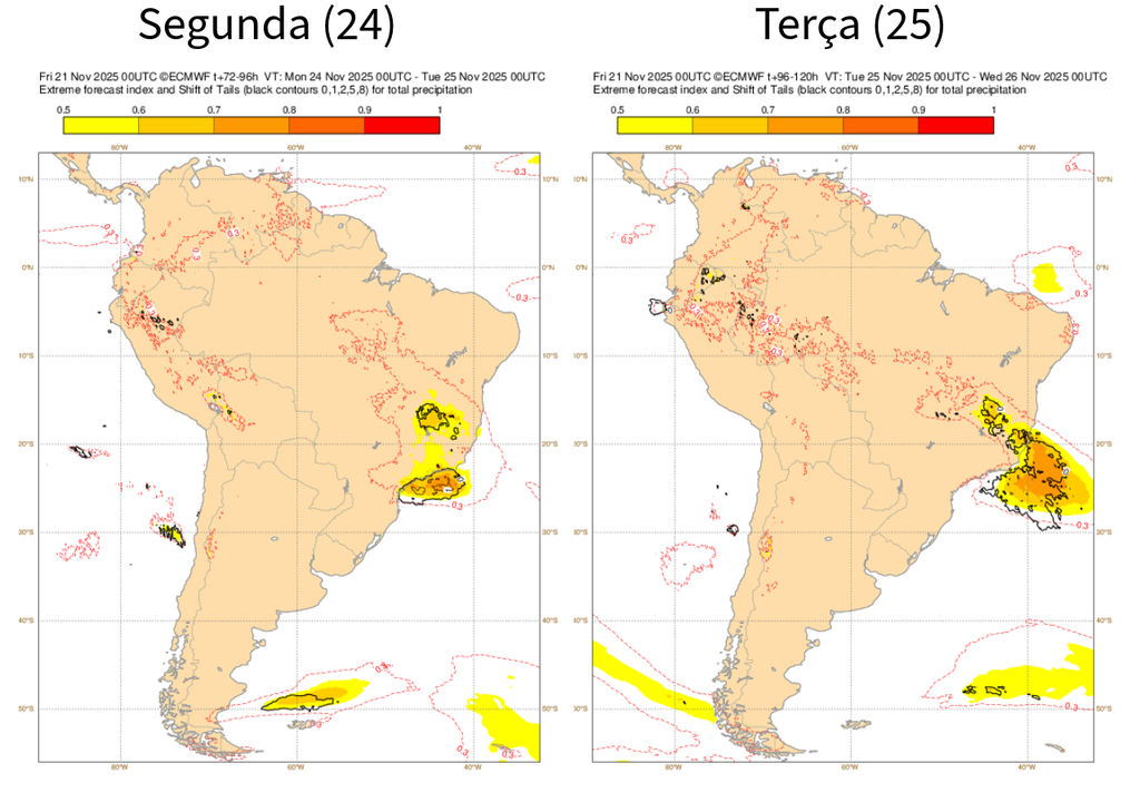 EFI do ECMWF para precipitação na segunda (24) e terça-feira (25). Créditos: Adaptado de ECMWF.