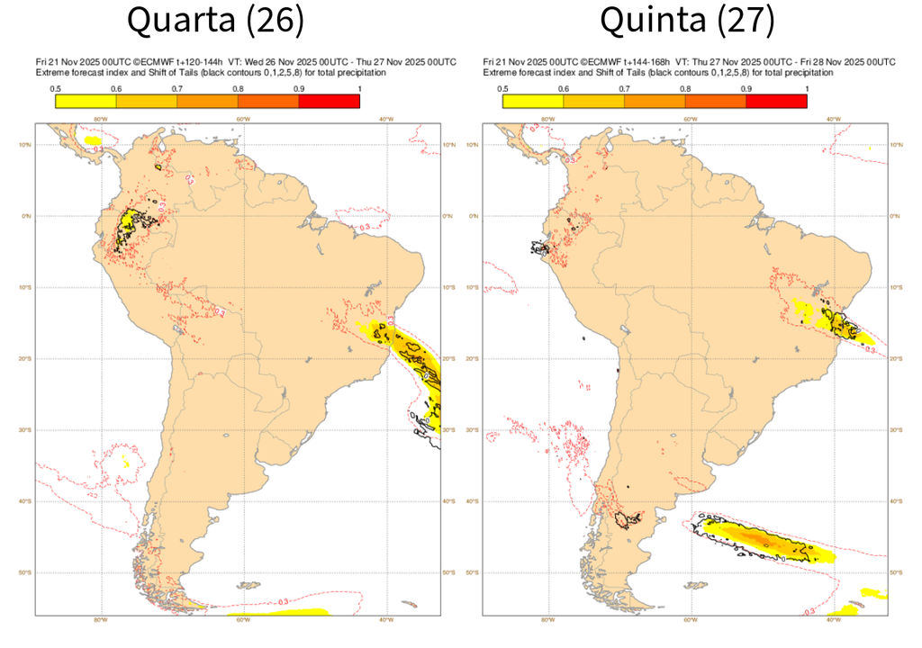 EFI do ECMWF para precipitação na quarta (26) e quinta-feira (27). Créditos: Adaptado de ECMWF.