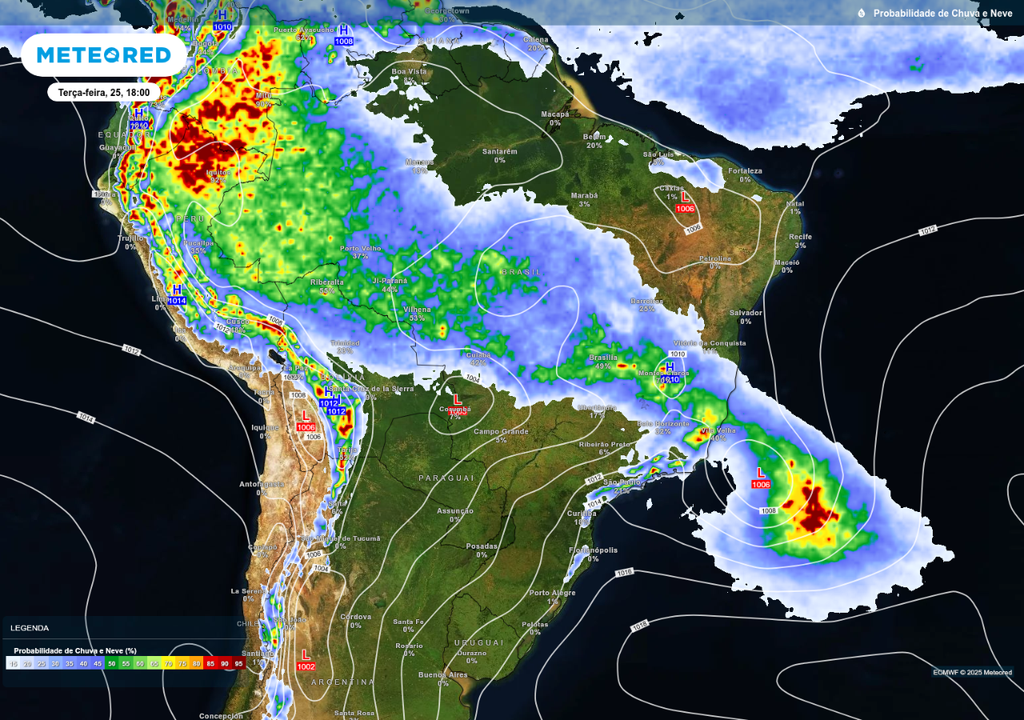 Previsão de probabilidade de chuva (escala de cores) nesta terça-feira (25) e campo de pressão mostrando o ciclone (L).