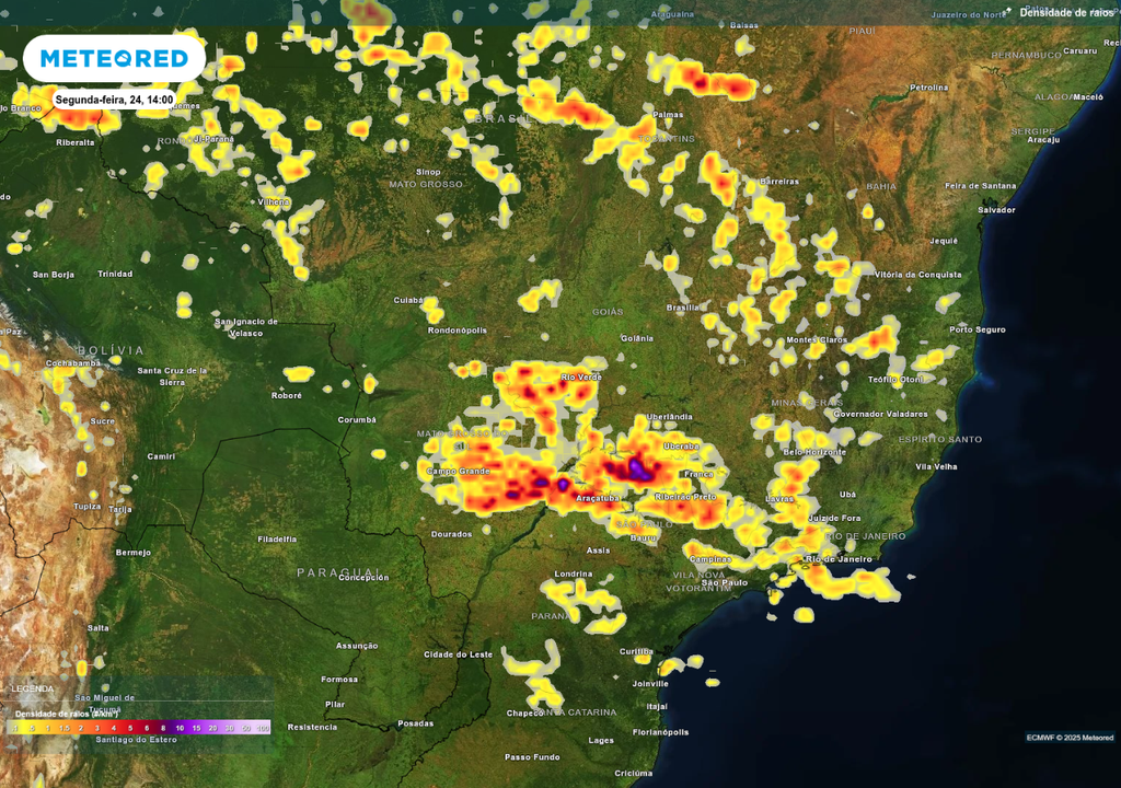 Previsão de tempestades na segunda-feira (24), de acordo com o ECMWF.