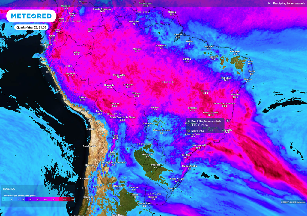 Previsão de chuva acumulada até a noite de quarta-feira (26), de acordo com o ECMWF.