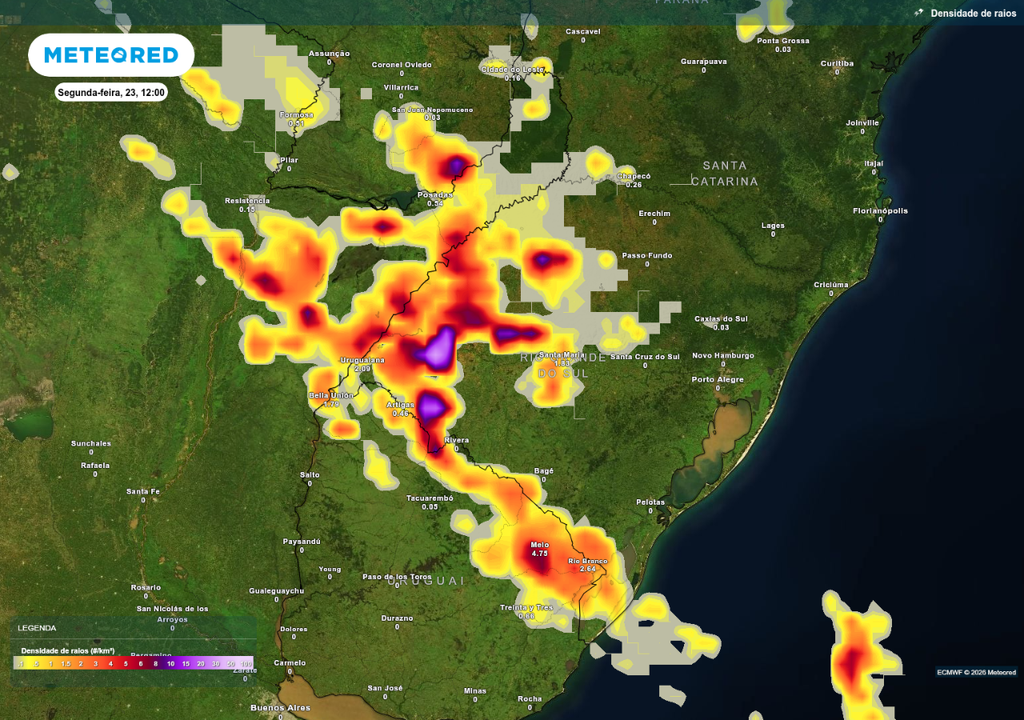 Previsão de tempestades nesta segunda-feira (23), de acordo com o ECMWF.