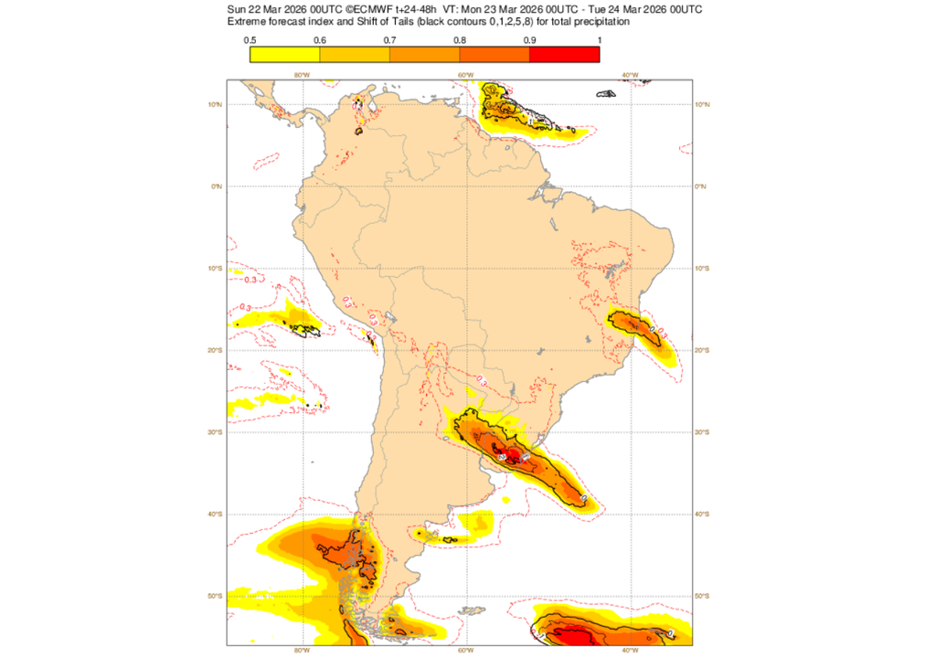 EFI do ECMWF para precipitação nesta segunda-feira (23). Créditos: ECMWF.