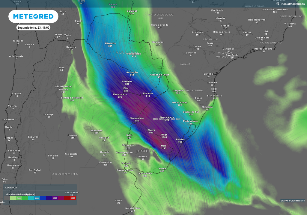 Previsão de rio atmosférico nesta segunda-feira (23), de acordo com o modelo ECMWF.