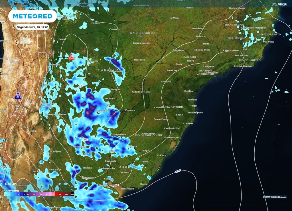 Previsão de chuva e pressão para a manhã da segunda-feira, 20 de abril.
